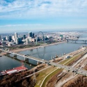 an aerial shot of the st. louis arch