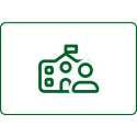 Dark green college building with person icon